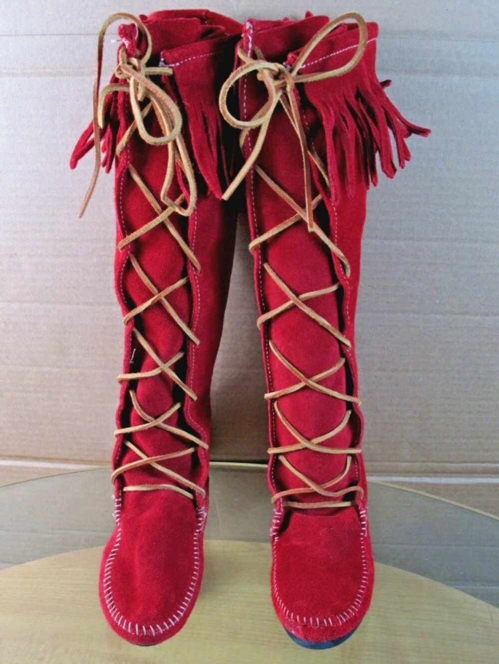 Minnetonka Knee High Moccasins Boots Red Suede Lace Up, USA Made, Women’s Size 7